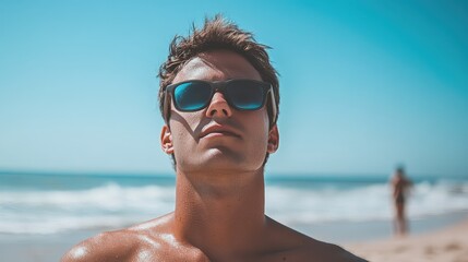 Young man in sunglasses with a sun-kissed complexion, ocean backdrop, bright blue sky, shot from a low angle at a beach.