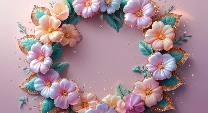 Shimmering pastel flowers with glitter edges forming a circular floral ring