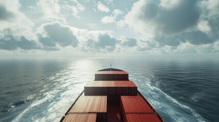 Large container ship with vibrant red cargo containers navigating a serene ocean under a blue sky with fluffy clouds, captured from above.