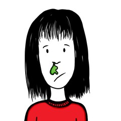 Girl with black hair, wearing a red sweater with runny nose. She appears sick, with a humorous touch, showing a playful yet relatable character. The illustration captures her expression of discomfort 