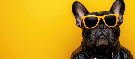 Stylish black bulldog wearing yellow sunglasses and leather outfit against a vibrant neon yellow background ideal for Valentine's Day card design