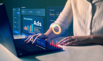 Digital marketing concept.Ads dashboard screen digital.Digital marketing concept.Online advertising ,digital marketing and ad on internet to targeted customers. 