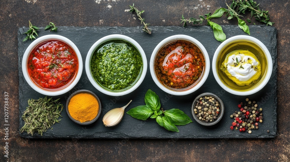 Poster variety of sauces and spices in bowls on slate board with fresh vegetables and empty copy space for 