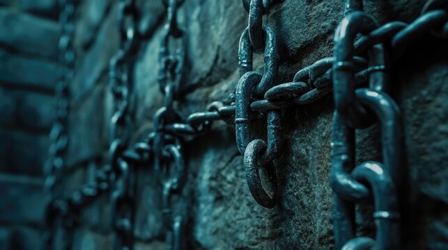 Close-up of antique metal chains suspended against a medieval stone wall highlighting historical prison conditions and craftsmanship.