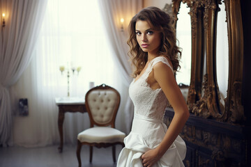 Fototapeta premium beautiful bride brunette girl in white wedding dress with hairstyle and bright makeup looks in the mirror,. Generative AI