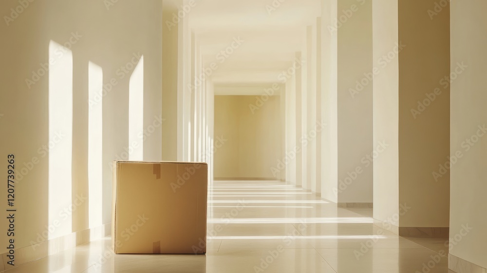 Poster large cardboard box positioned in a softly lit minimalistic hallway with cream-colored walls and smo