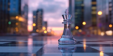 Glass King Piece on City Chessboard at Dusk