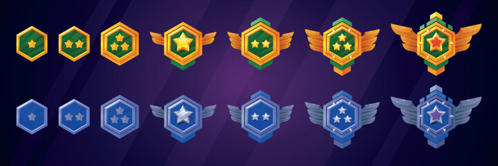 Military game rank badges. Army ranking badge gold silver metal emblem, war gaming insignia level achievement medal with star wing pilot award cartoon ui swanky vector illustration © ssstocker