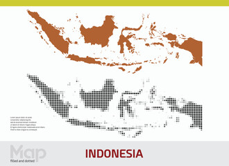 A map of Indonesia in dual designs, featuring brown-filled details and black abstract dotted patterns, isolated on a white background