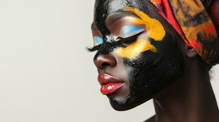 Artistic portrait of an African model showcasing unique face paint design with vibrant colors and closed eyes in a studio setting