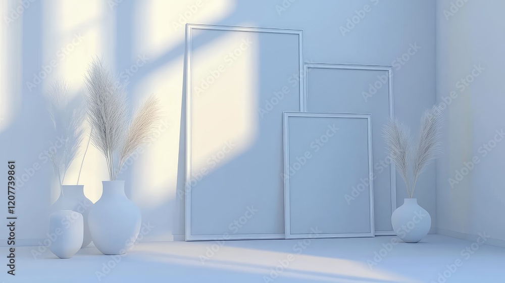 Poster minimalist interior design composition featuring empty white mock-up frames and elegant white vases 