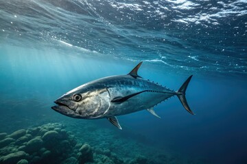 Bluefin tuna swimming in the open ocean with a dark horizon, tuna, sea, waves, horizon