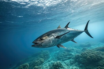 Fototapeta premium Bluefin tuna swimming in the open ocean with a dark horizon, bluefin, tuna, water