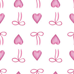 Romantic pattern of pink hearts and delicate bows arranged in a repeating design. Watercolor clipart of loving feel, making it perfect for Valentine Day cards, gift wrapping, or charming decorations.