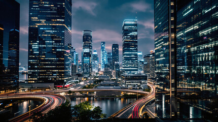 a cityscape at night with illuminated skyscrapers and moving cars on the roads. The scene captures the bustling urban environment with a mix of modern architecture and dynamic traffic.