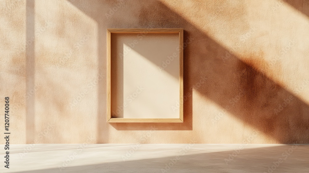 Aufkleber empty wooden frame on neutral textured wall showcasing minimalist design with soft shadows and warm 