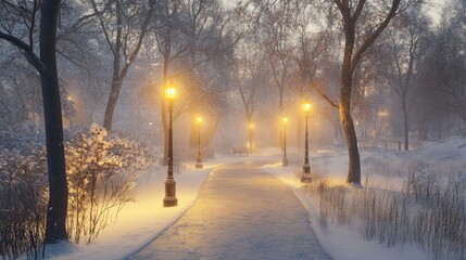 Winter Park Pathway with Glowing Lampposts Snowfall Scene