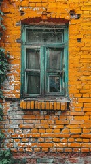 A vintage green window frame stands against a vivid orange brick wall, showing signs of age and abandonment. The peeling paint and overgrown vines hint at stories untold.