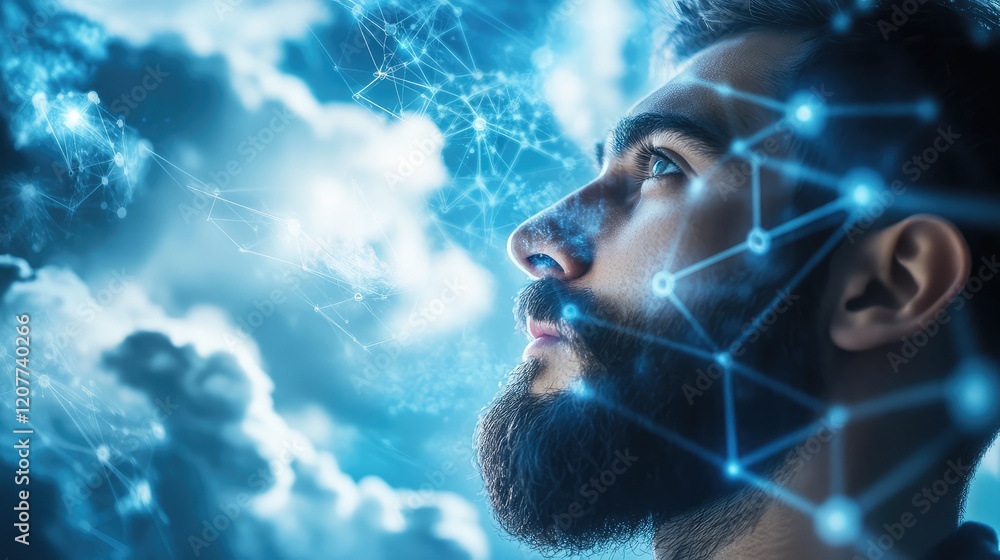 Aufkleber bearded man gazing upward with 5g network connections surrounded by virtual clouds and big data conc