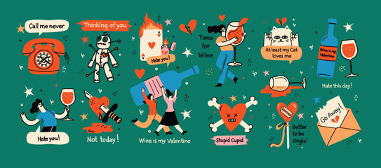 Groovy valentine s day greeting cards with funny quote and illustrations. Anti Valentines day poster for t shirt design, textile print and gifts design. Vector illustrations