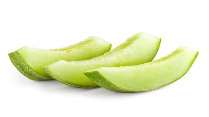 Fresh cantaloupe melon slices arranged on a white background showcasing vibrant green color and juicy texture for healthy food concepts