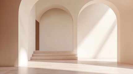 Fototapeta premium Bright minimalist interior featuring soft beige tones, arched doorways, and natural light illuminating empty space, ideal for text placement.