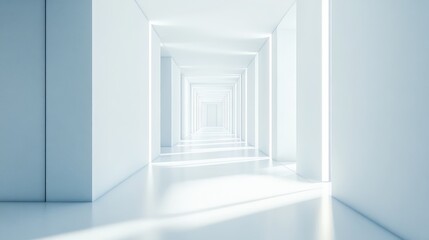 Fototapeta premium Spacious minimalist hallway with sleek white walls and modern decor illuminated by soft natural light creating a serene and contemporary atmosphere.