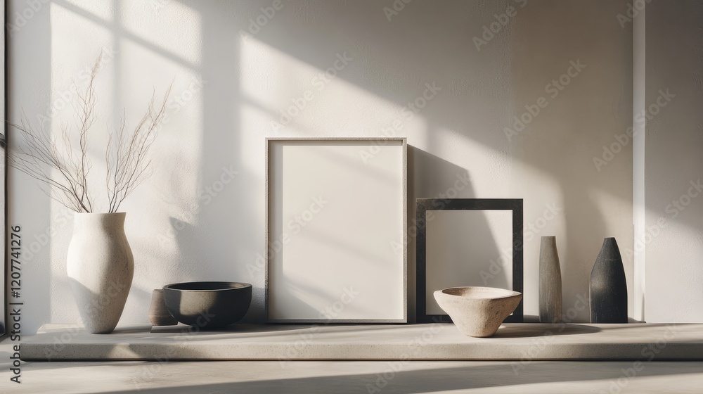 Aufkleber minimalist display of empty picture frames and contemporary pottery with soft shadows and natural li