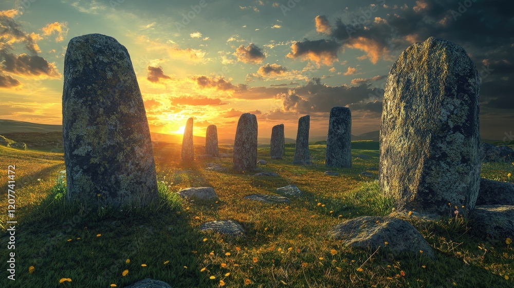 Poster megalithic stone circle illuminated by sunset rays surrounded by green fields and vibrant clouds cre