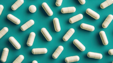 An array of white capsules scattered on a teal background, symbolizing health and medical themes with a clean, modern aesthetic.