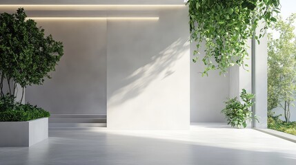 Modern Minimalist Interior with Green Plants and White Walls Bathed in Natural Light Featuring Lush Greenery in Contemporary Space
