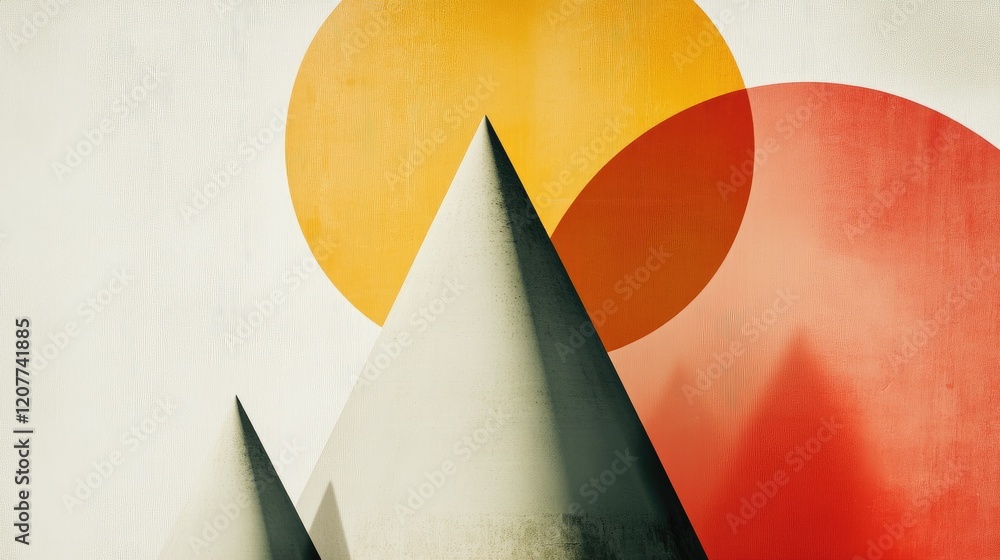 Poster minimalist abstract design with geometric cone and sphere shapes showcasing smooth color transitions