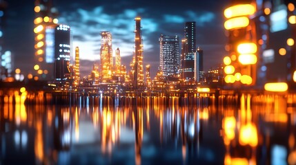 Fototapeta premium Futuristic Cityscape Night Refinery Glow Modern Industrial Skyline