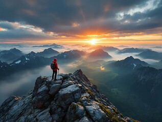 a person standing on top of a rocky mountain peak, overlooking a stunning sunset with clouds and distant mountains in the background.