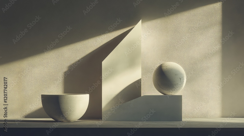 Poster minimalist geometric still life featuring soft beige sculptural forms casting shadows and light on a