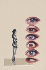 Trendy art creative vertical photo collage of serious girl stand eyeball stack privacy spy observer...