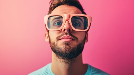 Young man with stylish oversized retro glasses against a vibrant pink background, close-up portrait capturing fashion and expression.