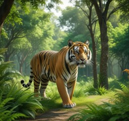 Bengal tiger in a lush green enclosure with trees, powerful beast, exotic pet