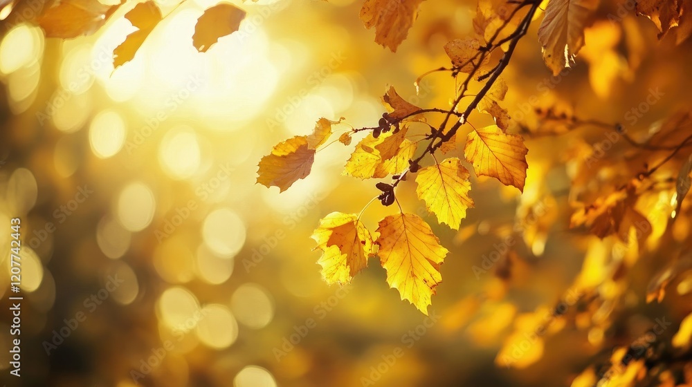 Poster golden autumn leaves illuminated by soft sunlight creating a tranquil and serene fall atmosphere wit