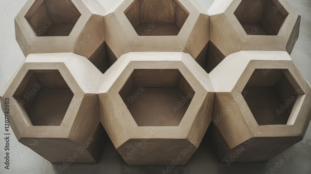 Poster geometric hexagonal planters in light brown tones with soft shadows from above on a neutral backgrou