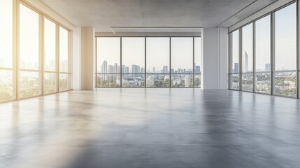 Fototapeta premium An empty wall in a modern open space office featuring a city view, concrete flooring, and abundant natural light, emphasizing the concept of a contemporary workplace.