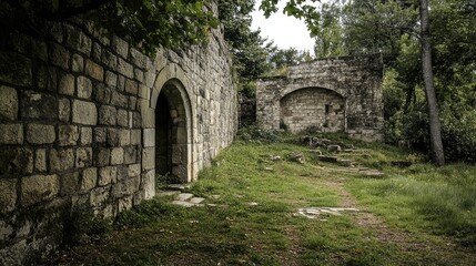 Fototapeta premium Ancient medieval castle ruins with stone walls and lush greenery in a serene landscape setting