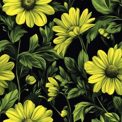 Seamless Pattern - Vibrant yellow daisies on dark background