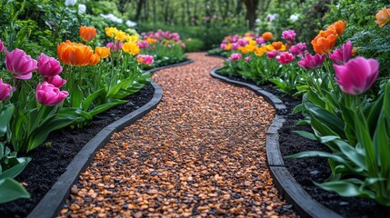 Pathway lined with colorful flowers creates a serene garden atmosphere during daytime