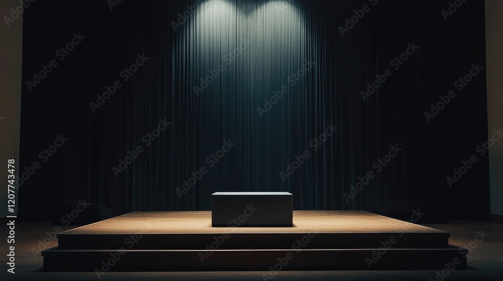 Poster minimalist empty stage podium with dramatic lighting and dark curtains creating a serene atmosphere 