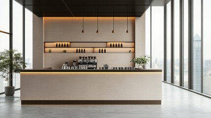 Beige cafeteria interior with bar counter and panoramic window.