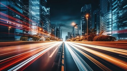 Obraz premium Light trails on the modern building background. Light trails at night in urban environment, Abstract Motion Blur City, traffic, transportation, street, road, speed