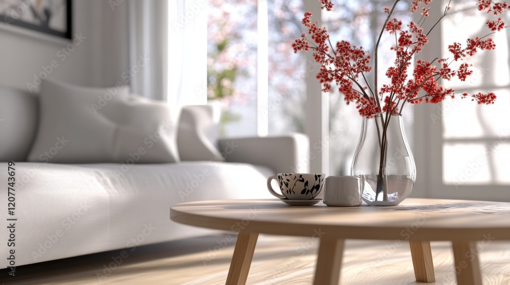 Poster elegant vase displaying vibrant red flowers on a tastefully arranged table creating a warm and invit