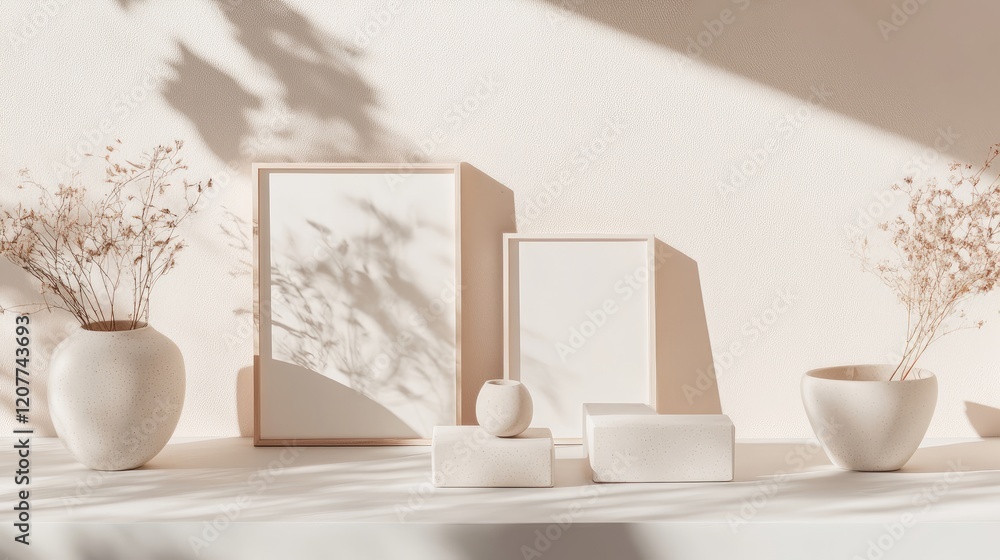 Poster modern minimalist decor featuring empty frames and simple pottery with soft shadows and natural elem