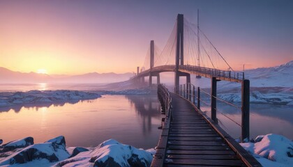 Fototapeta premium Bridge over the bay with an icy landscape and a misty dawn, icy landscape, soft light, peaceful scene